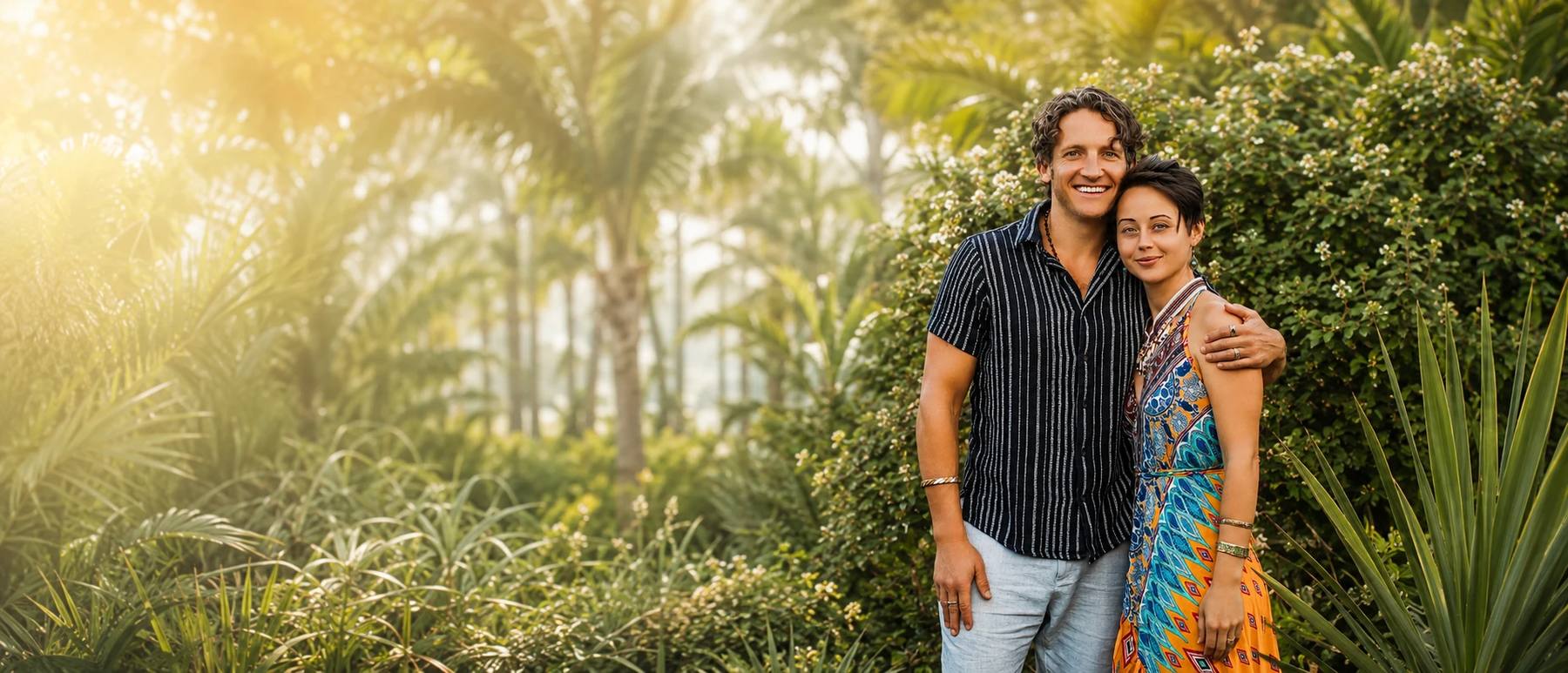 Logan Crowell and Mary Marie in a sunlit tropical garden