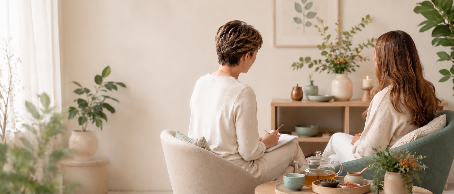 A private wellness consultation over herbal tea in a calm, plant-filled studio