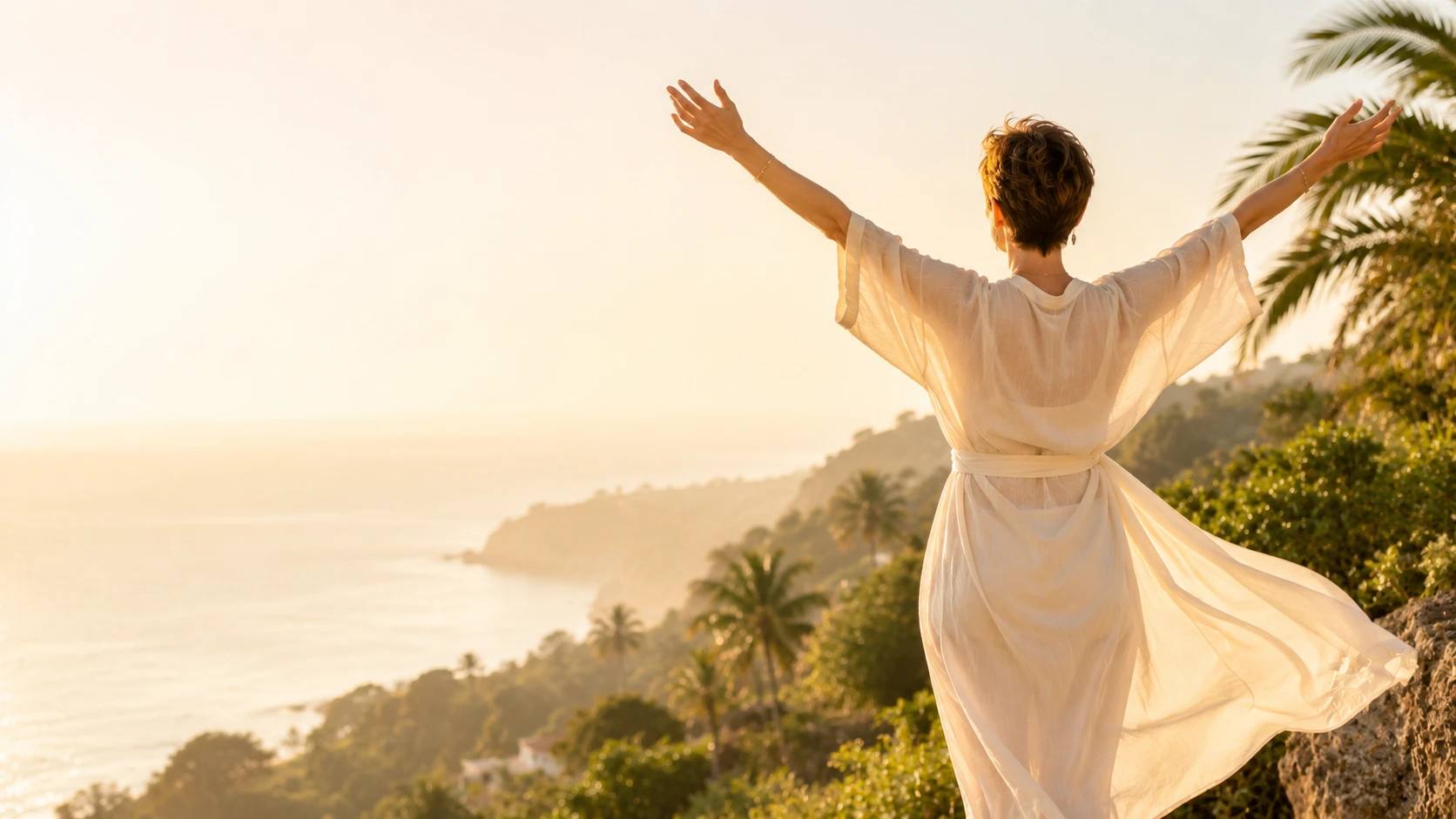 A woman with arms outstretched greeting the sunrise over a tropical coastline